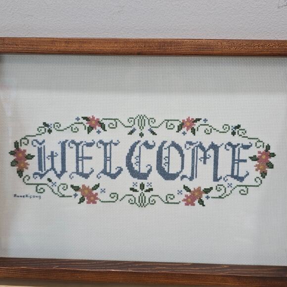 Cross Stitch "Welcome" Handmade Wooden Serving Tray 16x11 Shabby Cottagecore - Picture 10 of 13